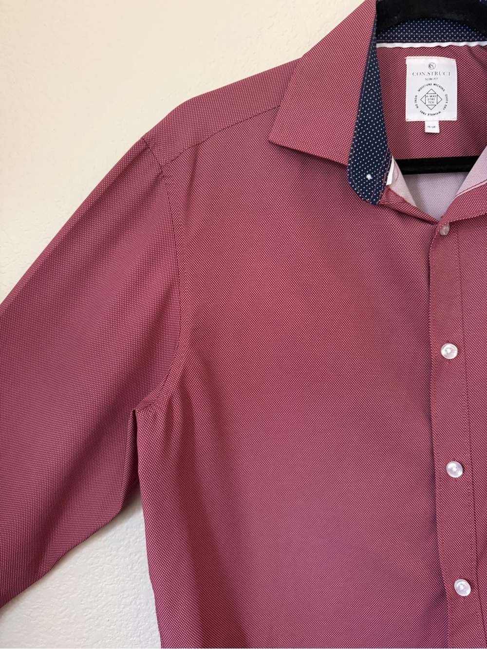 Construct Mens Performance Dress Shirt Mosaic Geo Red Size 15 1/2 Slim Fit